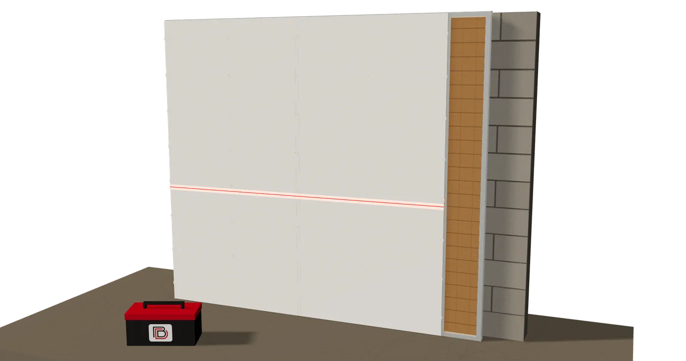 Illustration en 3D d’un doublage de mur fini : mur de parpaings, ossature métallique, laine minérale à pare-vapeur kraft, plaques de plâtre prêtes à peindre